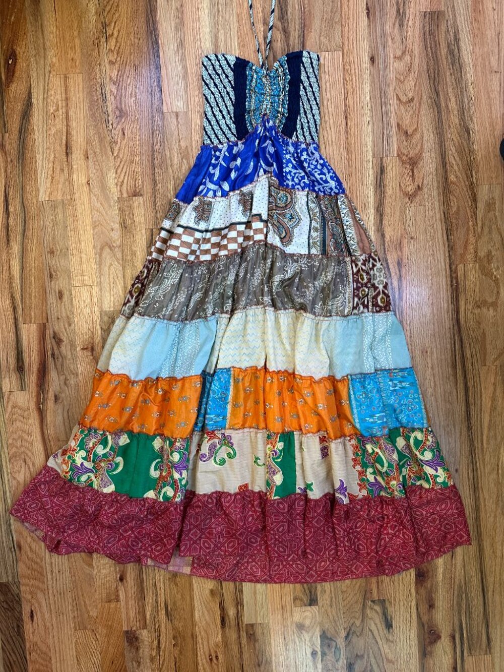 Sans Souci Patchwork Silk Maxi Dress, Boho Festival Style, Smocked Waist